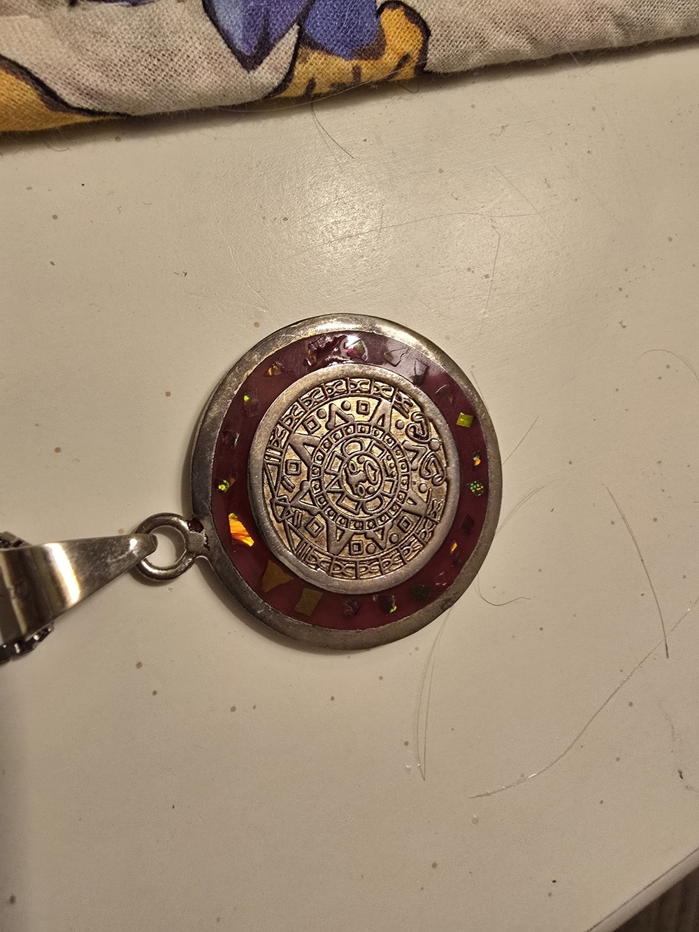 Mexican Silver Red Aztec Disk Pendant Necklace